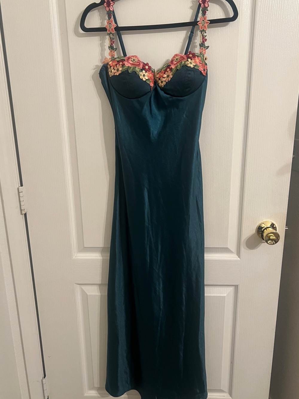 Teal Satin Maxi Slip Dress with Floral Embroidered Straps